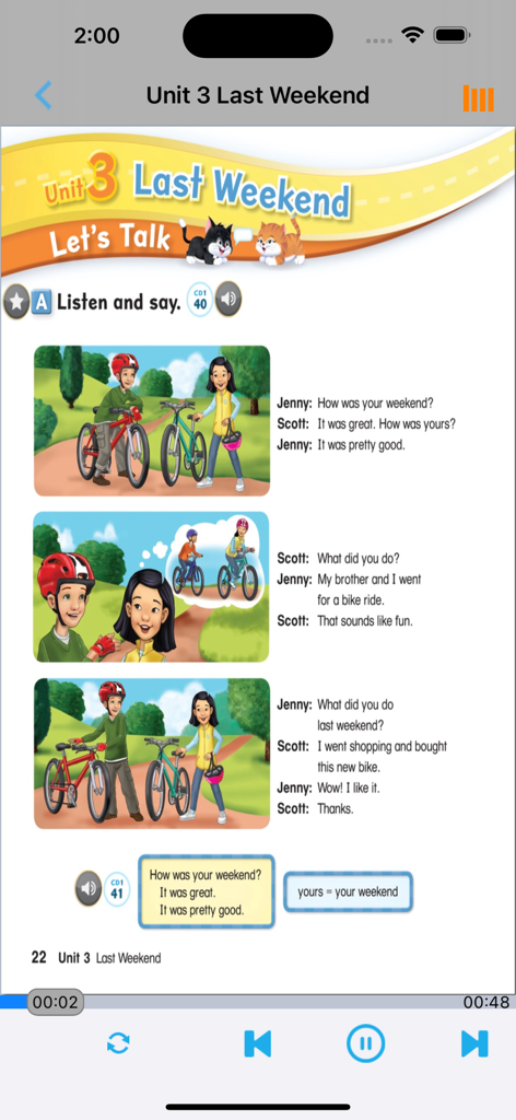 A screenshot of the Oxford Let's Go 5 English learning app showing a conversation lesson about weekend activities with illustrations of children on bicycles.