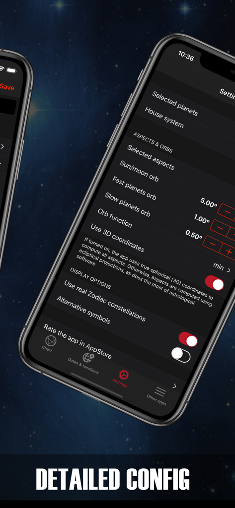 Detailed configuration menu in Astro Pro app showing astrological aspect orbs and coordinate settings