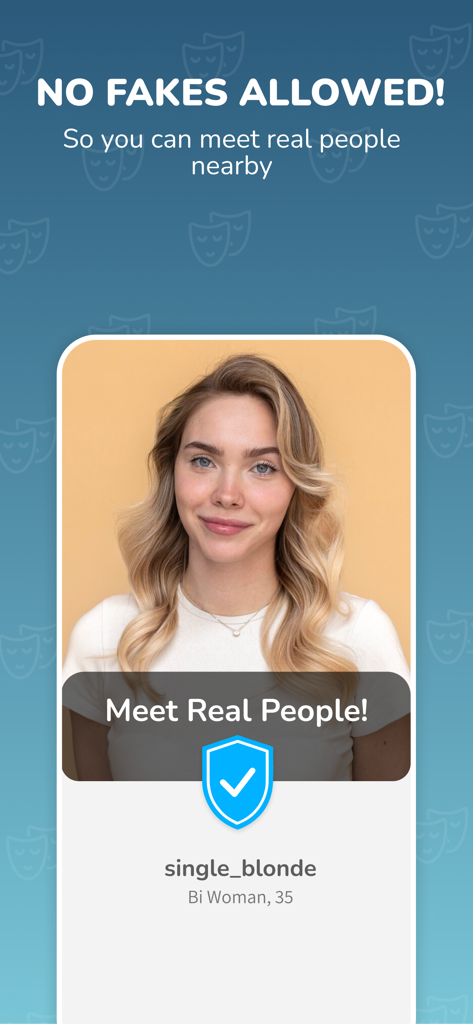 ysos: Couple meeting & dating - A verified user profile on the ysos dating app with a security badge and the text No Fakes Allowed.