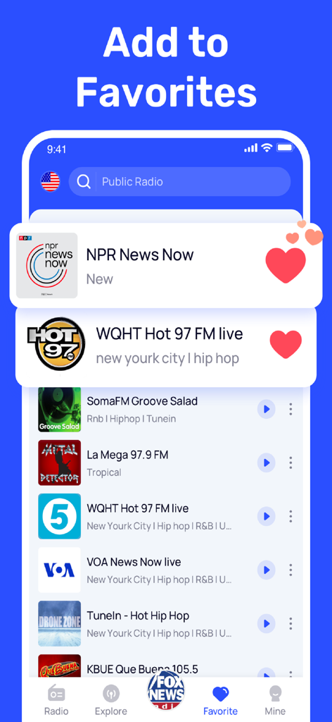 FM Radio - Local Radio - FM Radio app interface showing a list of favorite radio stations including NPR News and Hot 97 FM