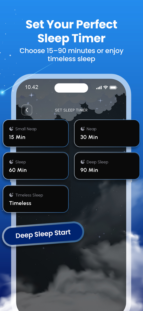 Deep Sleep Sound - Interface of the Deep Sleep Sound app for selecting sleep timer durations like 15 or 90 minutes