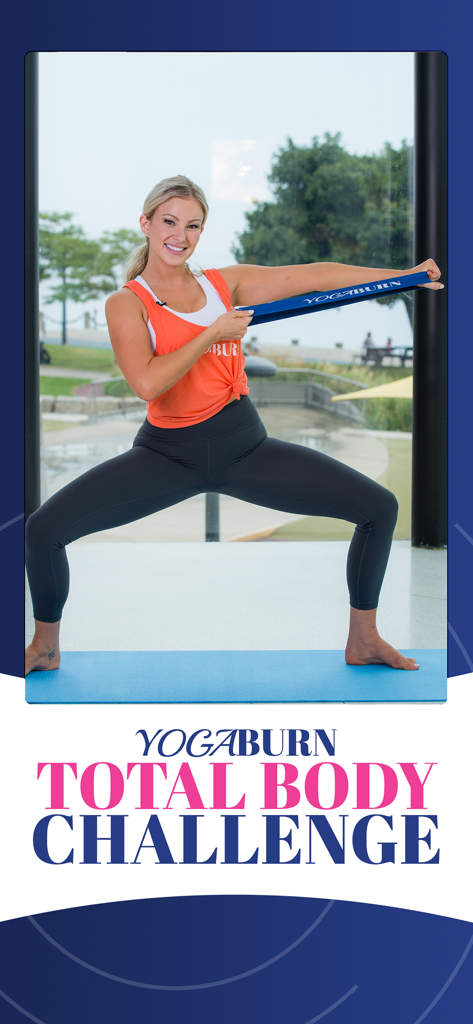 Yoga Burn App - Zoe Bray Cotton performing a fitness exercise with a resistance band in the Yoga Burn app