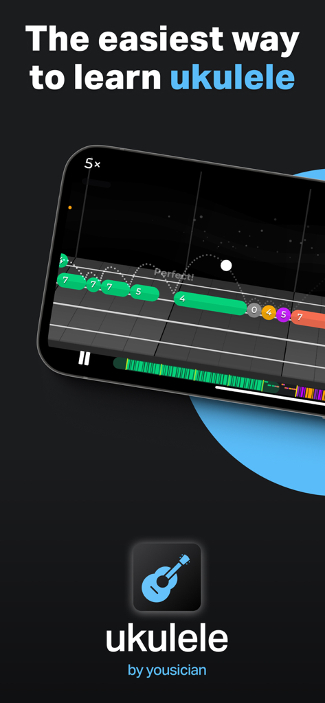 Ukulele by Yousician - Smartphone screen showing a gamified ukulele lesson in the Yousician app.
