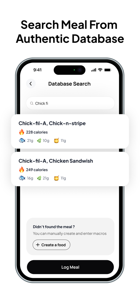 Cal AI App showing a database search for Chick-fil-A meals with calorie and macro details