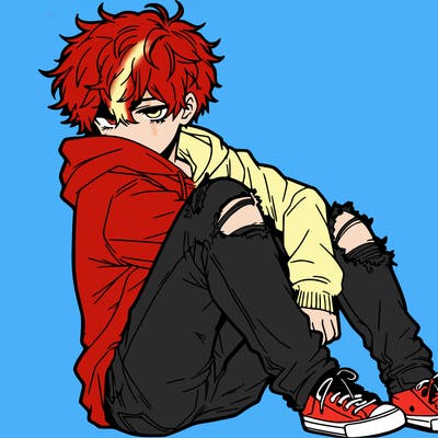 a male hoddie ripped jeans messy hair anime