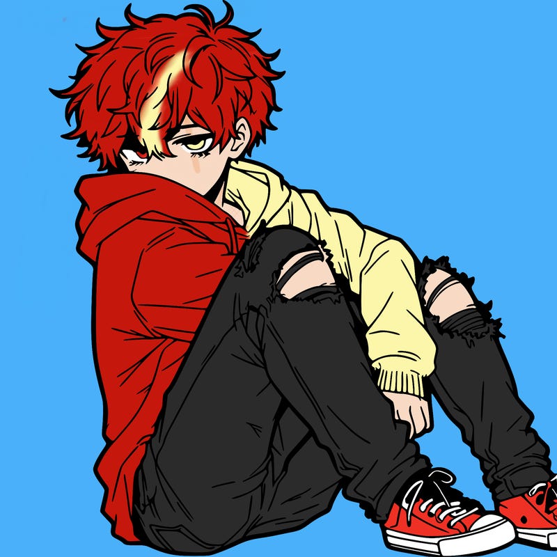 a male hoddie ripped jeans messy hair anime