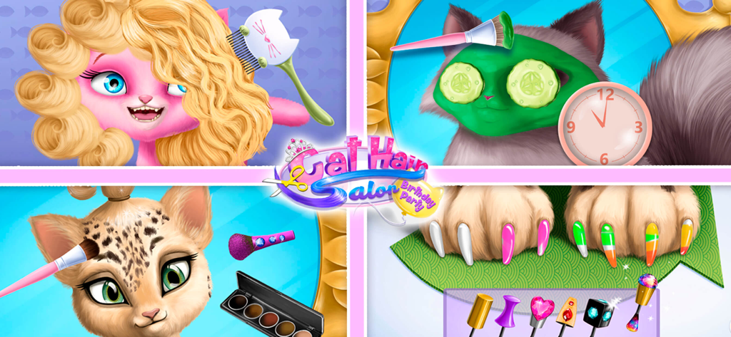 Cat Hair Salon Birthday Party - Collage de actividades de spa virtual para gatos, incluyendo estilismo, tratamientos faciales y arte de uñas de colores