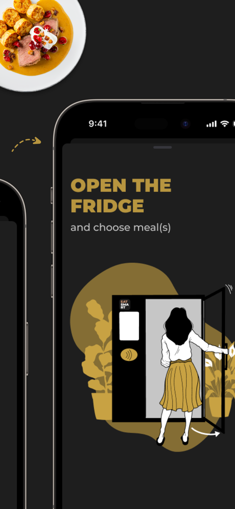 EatSmart by Perfect - EatSmart app screen showing an illustration of a person opening a smart fridge to choose a meal