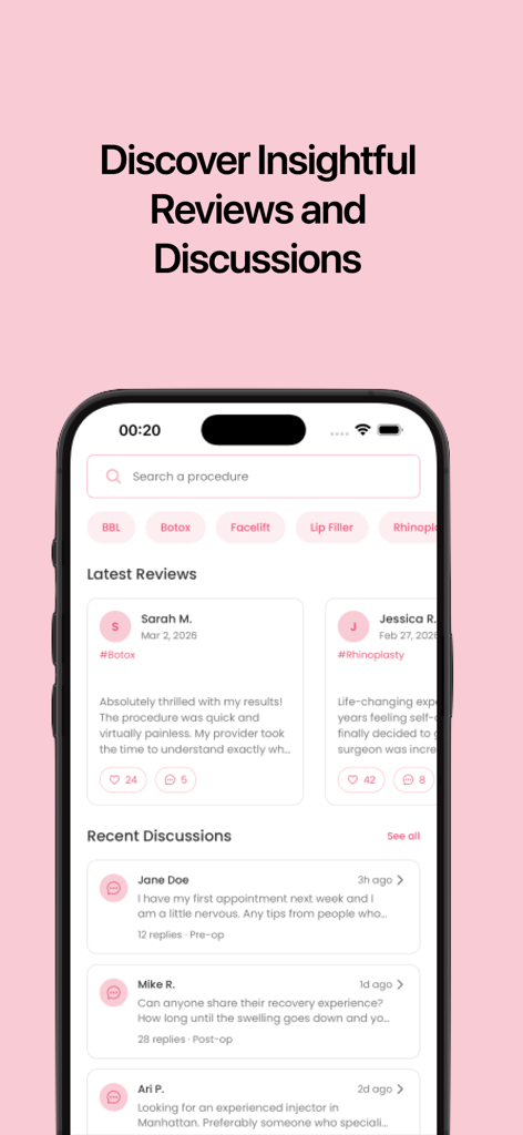 Aesthetic Valley - Mobile app interface for Aesthetic Valley showing cosmetic procedure reviews and community forum posts