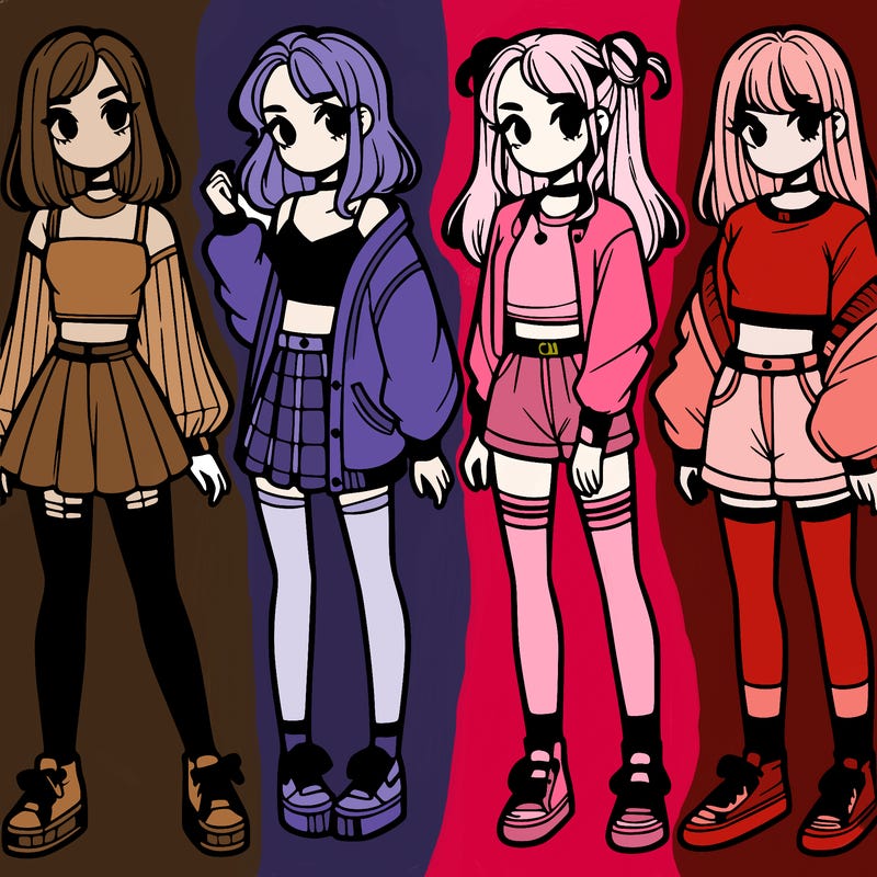 one girl with crop-top shirt and a jacket with a skirt, long socks and another girl with a shirt and pants with a jacket