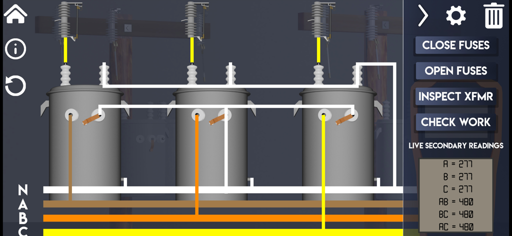 A simulation of three phase transformer wiring with live voltage readings in the XFMR LAB app