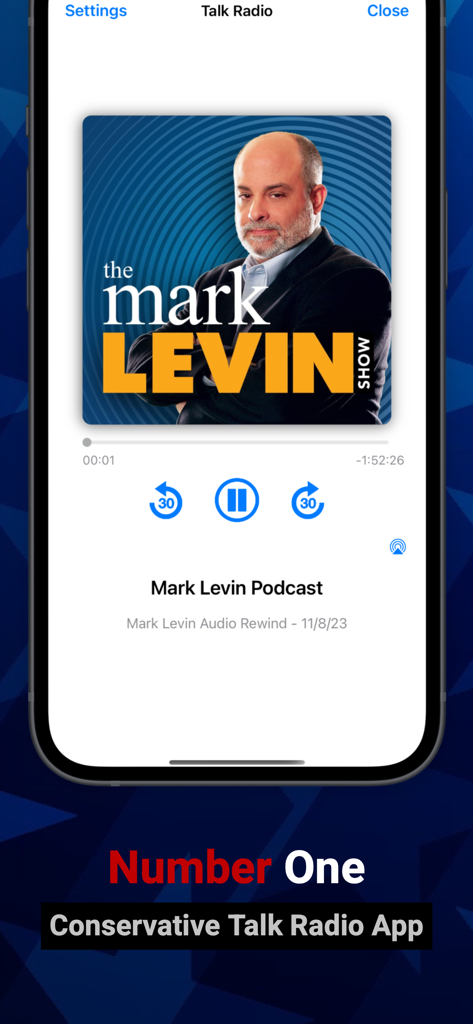 Conservative Talk Radio - Screenshot del podcast di Mark Levin in riproduzione sull'interfaccia dell'app Conservative Talk Radio.