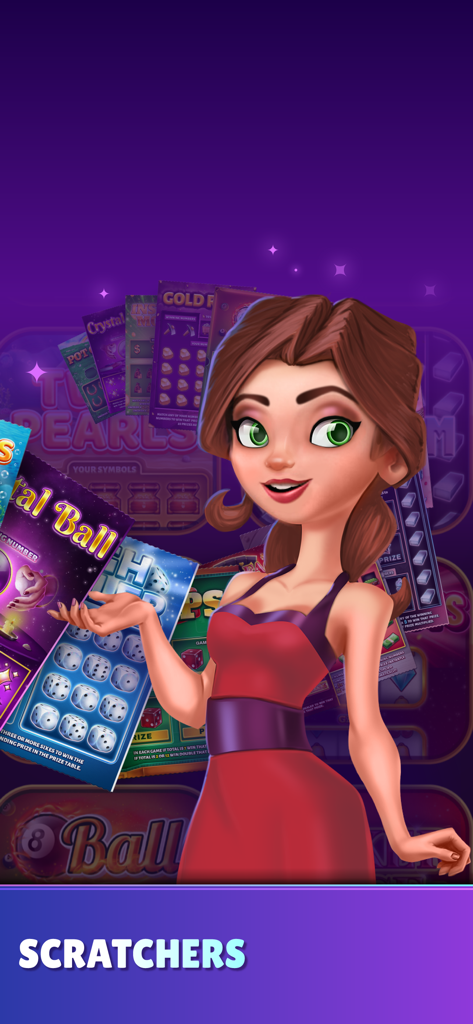 Cartoon female character holding various colorful digital scratch-off lottery tickets