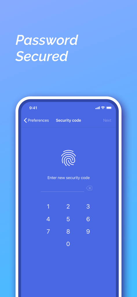 Pantalla de configuración de código de seguridad en la aplicación Diaro con icono de huella digital y teclado numérico