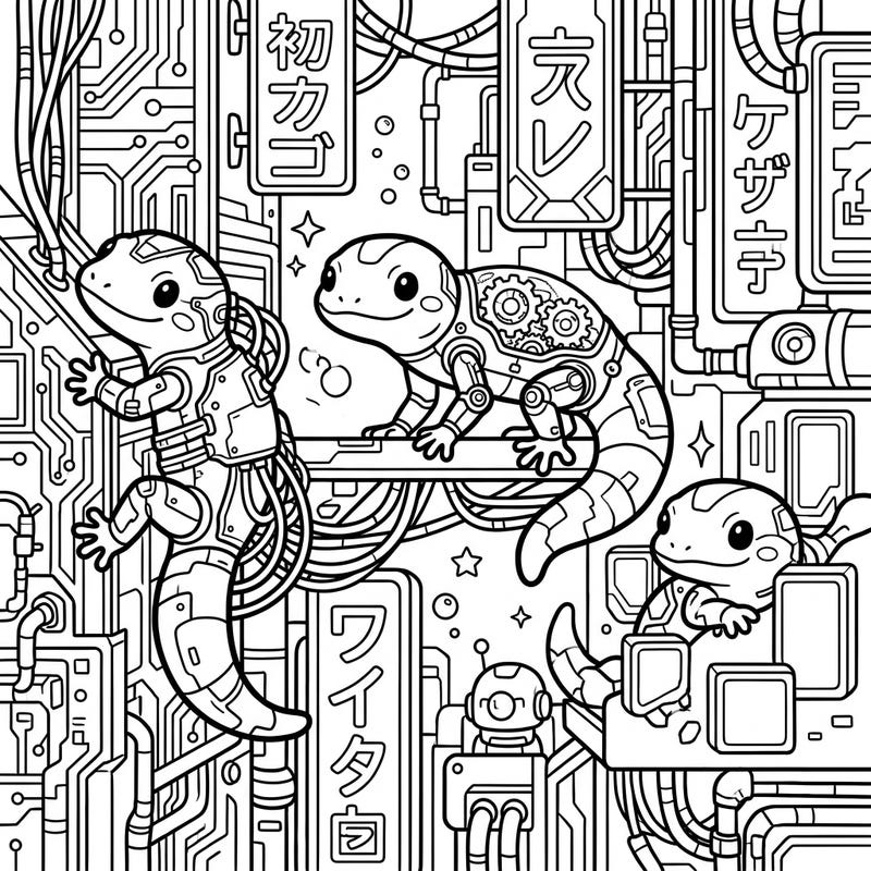 Explore a unique fusion of cute and futuristic with this Kawaii Cyberpunk Geckos coloring page. These adorable reptiles navigate a complex world of circuits and neon outlines, waiting for your creative touch.