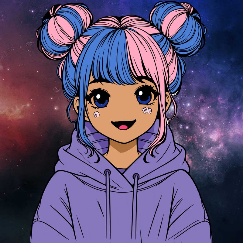 the realistic girl with two buns on her head oversized hoodie nice big smile