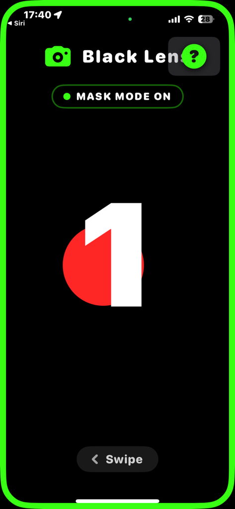 Black Lens - Black Lens app interface in Mask Mode showing a large number one and a red circle indicating one face is detected and ready for auto-capture