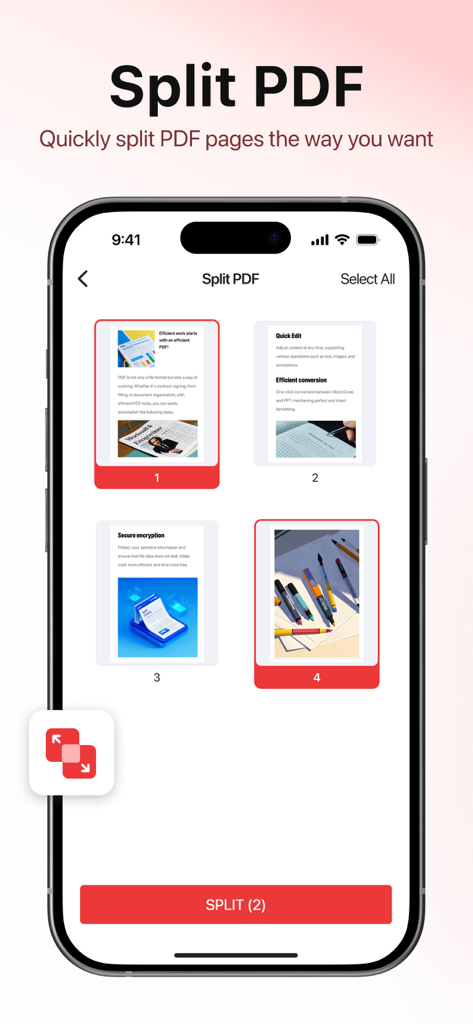 PDF Reader - Editor & Scanner - Un écran de smartphone montrant l'outil de division de PDF avec des pages de documents sélectionnées prêtes à être séparées