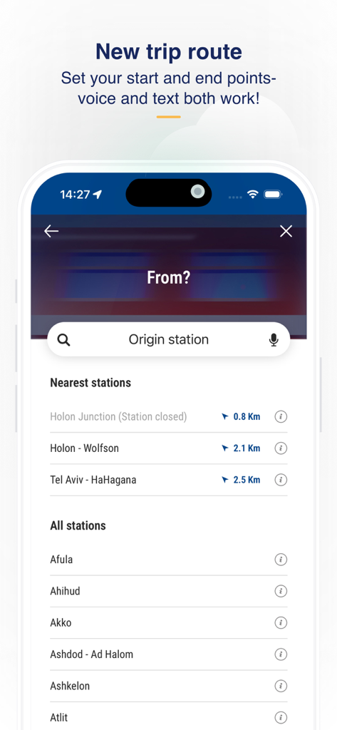 רכבת ישראל - Israel Railways - Una schermata dell'app mobile Israel Railways che mostra il campo di ricerca della stazione di origine con un elenco di stazioni ferroviarie vicine e tutte per pianificare un percorso di viaggio.
