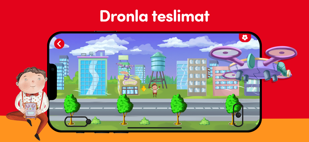 Captura de pantalla de la aplicación Ketebe Cocuk que muestra un juego interactivo de entrega con drones en una ciudad de dibujos animados