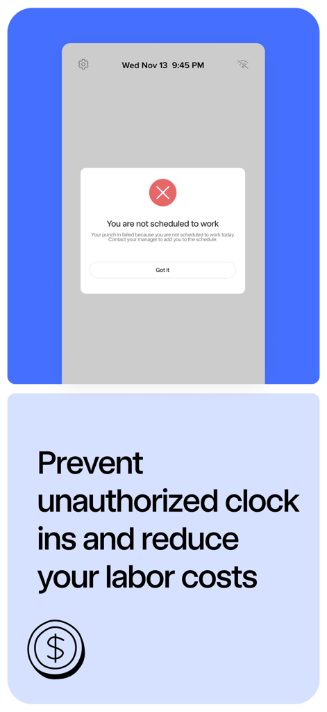 Mobile screen showing 7punches preventing an unscheduled clock in to reduce labor costs
