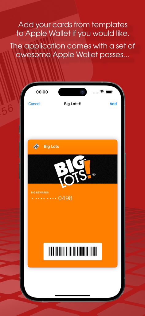 Hinzufügen einer Big Lots Treuekartenvorlage zu Apple Wallet auf dem iPhone