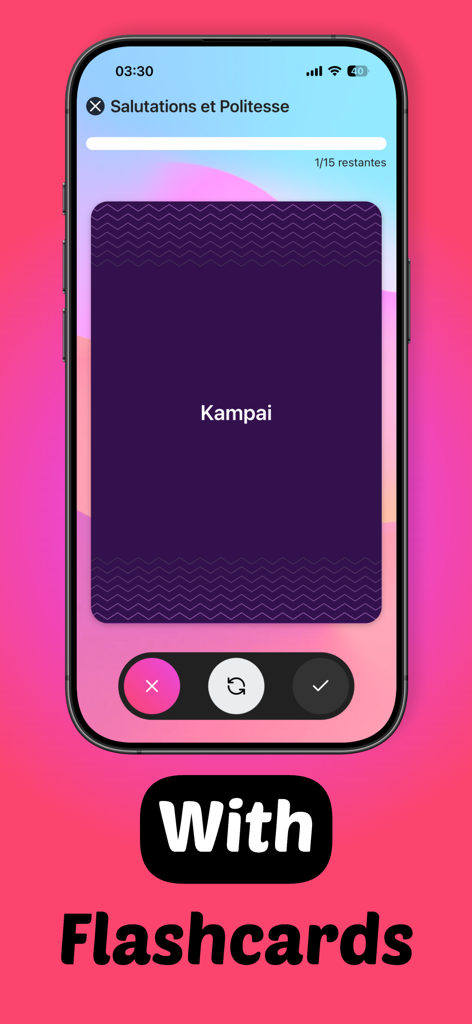 Iori Flashcards mobile app interface showing a vocabulary card for language learning.