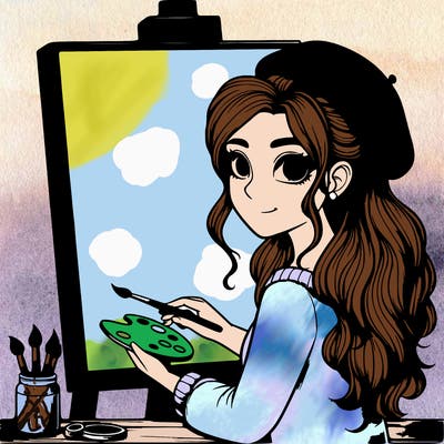 realistic girl artist painting a blank canvas