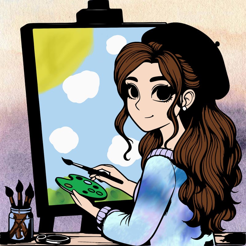 realistic girl artist painting a blank canvas