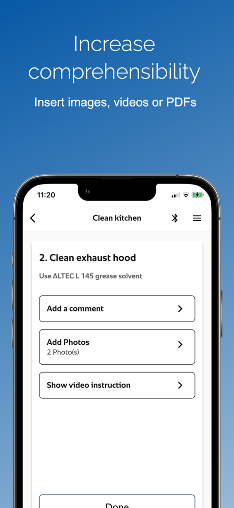 Hygiene Management Pro - Digital kitchen hygiene checklist showing multimedia documentation options for cleaning tasks