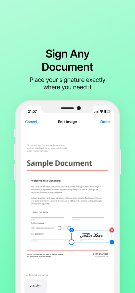 Signature Scanner ◦ eDocument - User interface showing a digital signature being placed and adjusted on a sample document using the Signature Scanner app