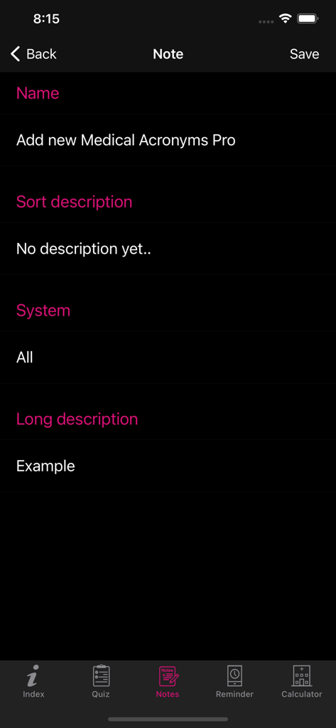 A screenshot of the note creation interface within the Biology Terms Dictionary Pro mobile app