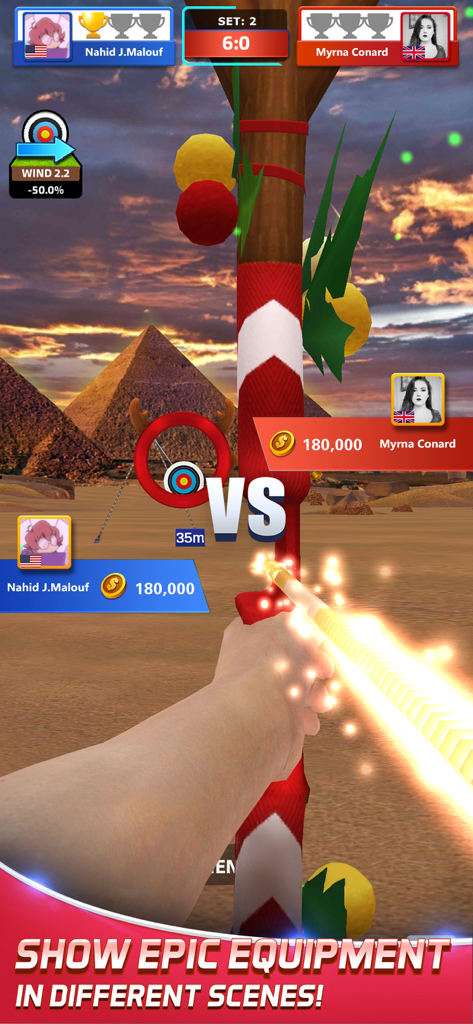 Archery Elite™ - Shooting King - 壮大な装備を備えた砂漠のシーンでのリアルタイム1v1アーチェリー競技。