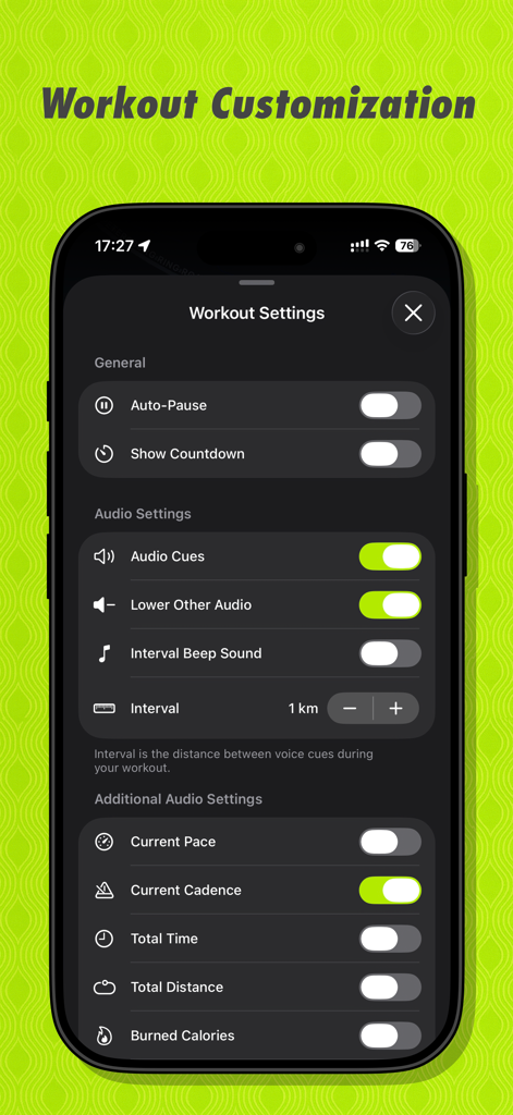 Workout customization screen in the RUN app showing audio cue settings and performance metric toggles.