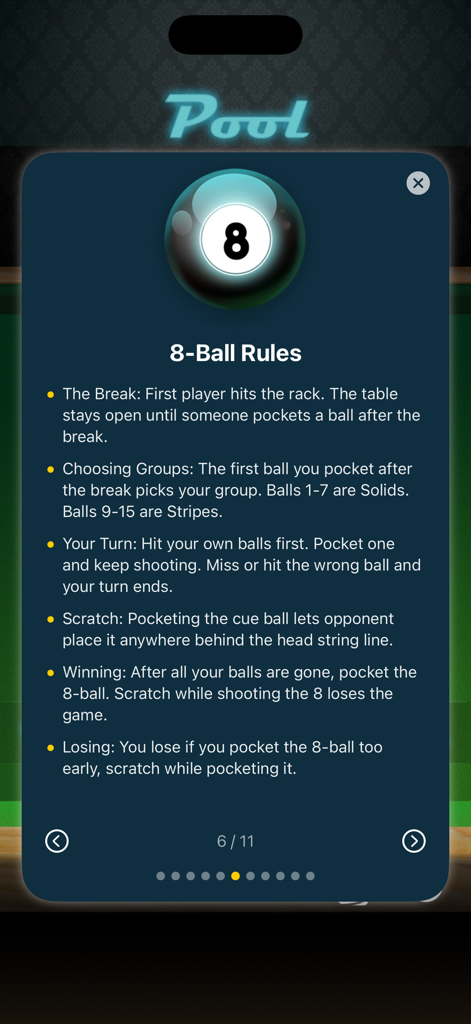 La pantalla de reglas de bola 8 en el juego móvil Pool mostrando instrucciones de juego