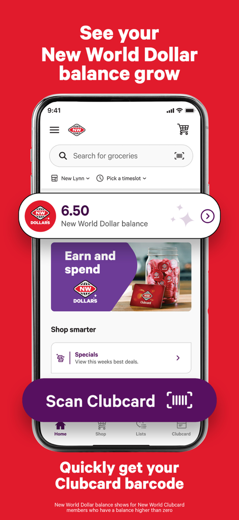 New World NZ - New World NZ mobile app home screen showing rewards balance and digital clubcard barcode scanner
