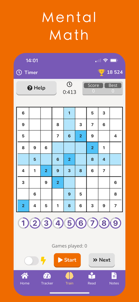 Readlax: Brain Productivity - Readlax app interface showing a mental math number grid game for cognitive training