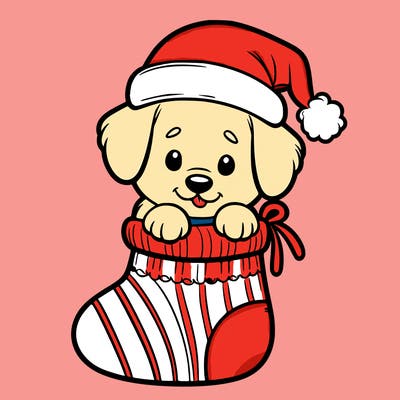 cute puppy wearing santa hat in socking