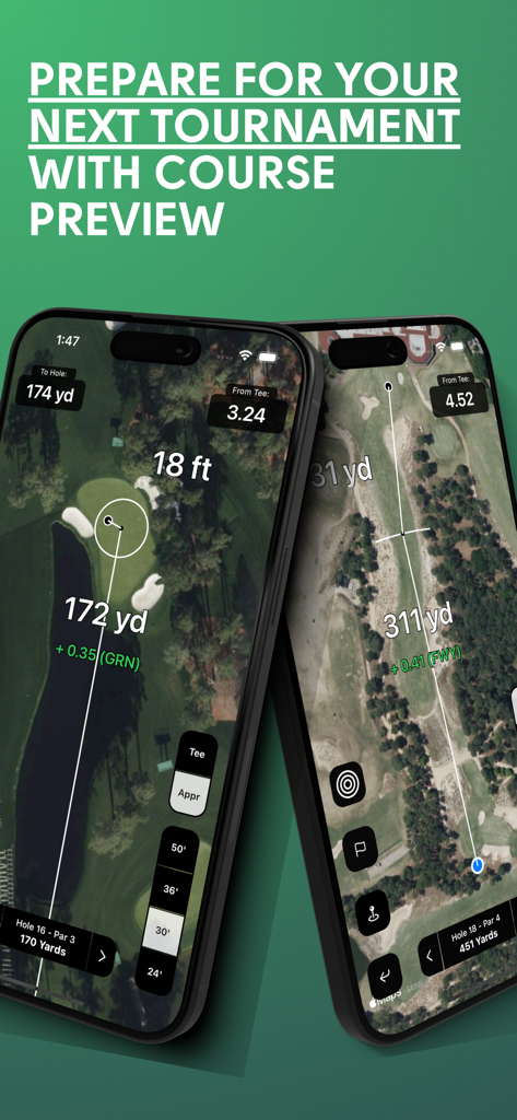 Prévia do campo do aplicativo Shot Pattern mostrando a dispersão das tacadas e as distâncias em um mapa de golfe via satélite