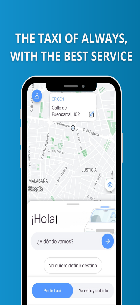Mobile interface of the PideTaxi app showing a map of Madrid for booking a ride.