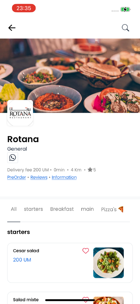Jeyaboo - Jeyaboo의 모바일 앱 인터페이스, Rotana 레스토랑 메뉴 및 음식 옵션 (시저 샐러드 포함) 표시