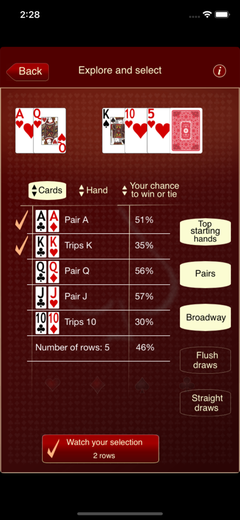 The Poker Calculator - A poker odds calculator interface showing win percentages against various hand ranges like Pairs and Broadway.