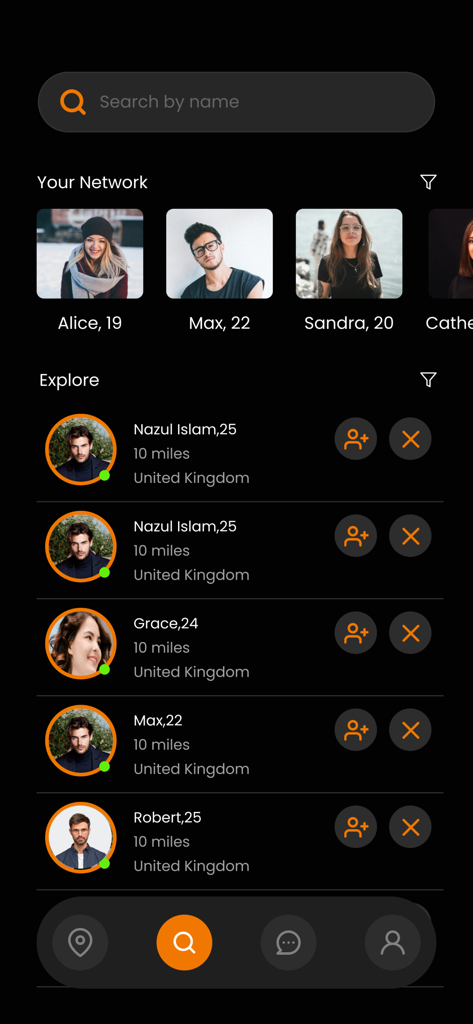 Holla App Me - Interface do Holla App Me mostrando uma barra de pesquisa e uma lista de contatos da rede social próximos com distâncias.