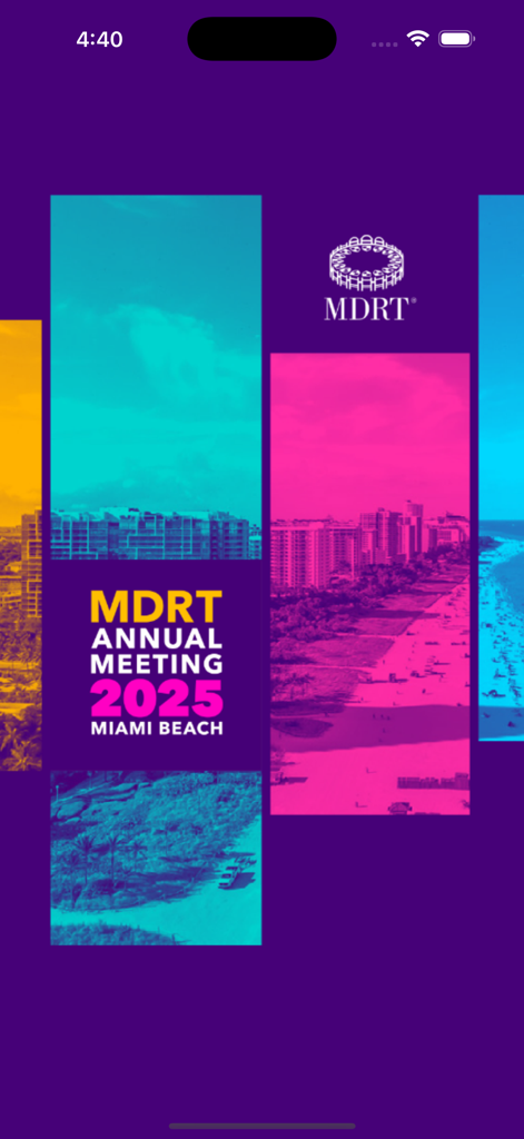 Splash screen for the 2025 MDRT Annual Meeting in Miami Beach featuring colorful city imagery.