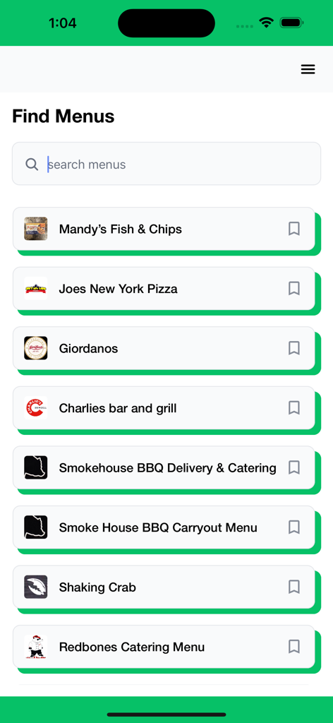 Pantalla de búsqueda de la app de menús que muestra una lista de restaurantes locales con sus logotipos y nombres.