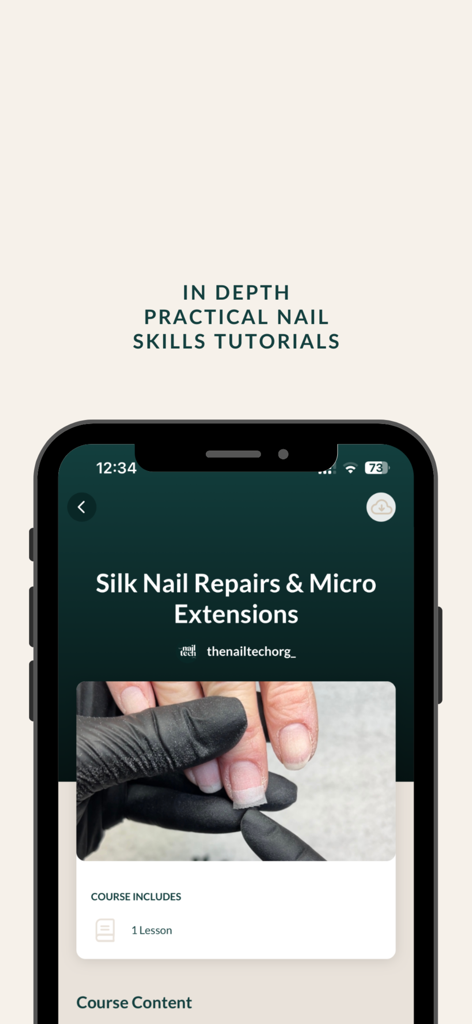 TheNailTech.org - A mobile app screenshot from TheNailTech.org showing an in-depth tutorial on silk nail repairs and micro extensions.