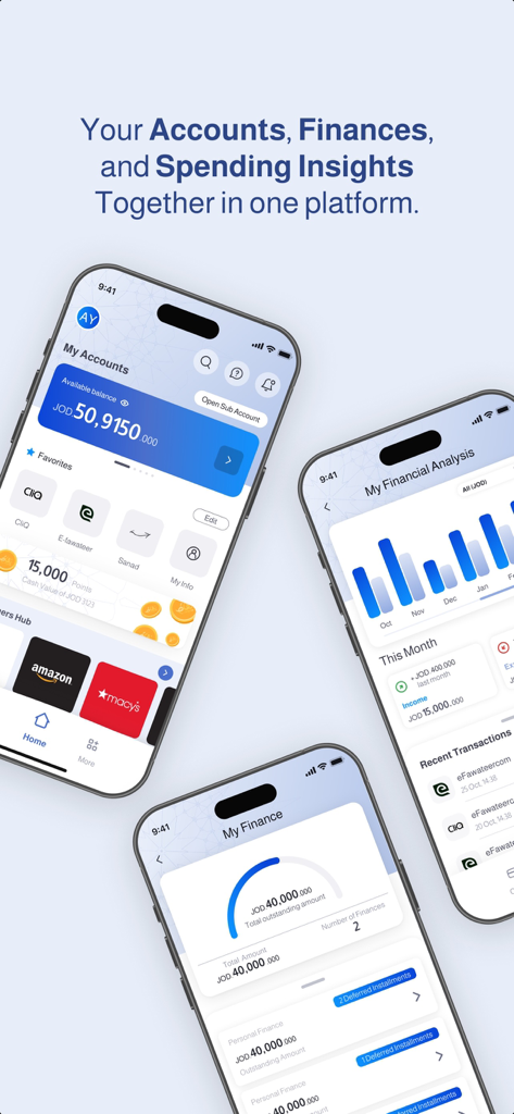 Arabi Islami Mobile - Interfaz de la aplicación Arabi Islami Mobile mostrando saldos de cuentas, información de gastos y gráficos de análisis financiero