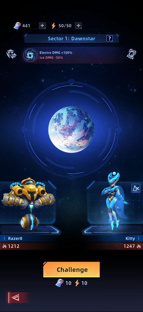 Space Outpost: Drone War - Menú del juego Space Outpost que muestra el planeta Dawnstar y los personajes Razer8 y Kitty