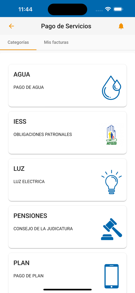 EcuaMovil mobile app screen showing options to pay for services like water electricity and social security