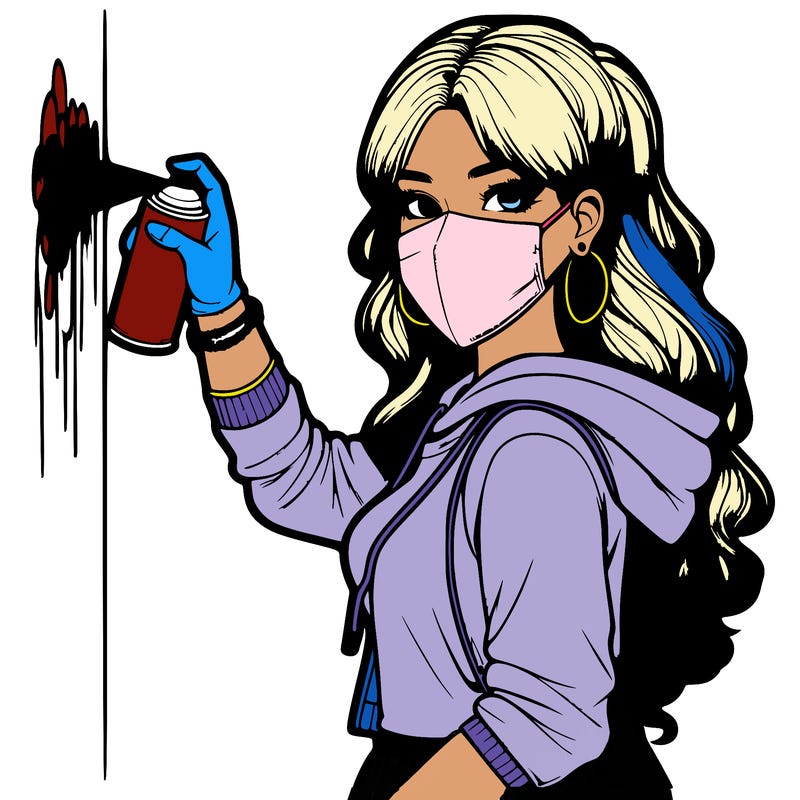 realistic girl with mask spray painting a wall